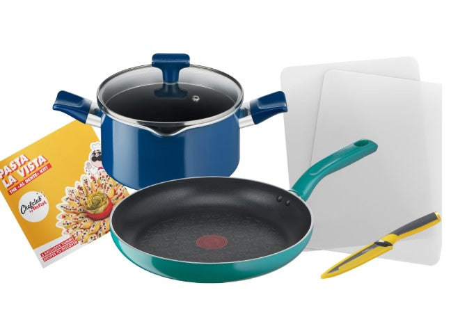 Set 6 piese Tefal Pasta La Vista ChefClub, 1x tigaie, 1x oala, 1x cutit, 2x placi de taiere, 1x brosura retete